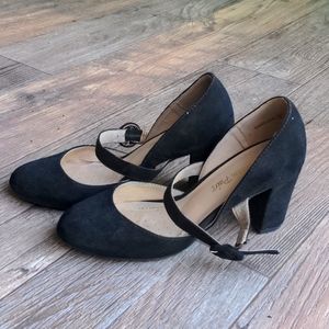 Black suede Mary Jane Chunky Heels